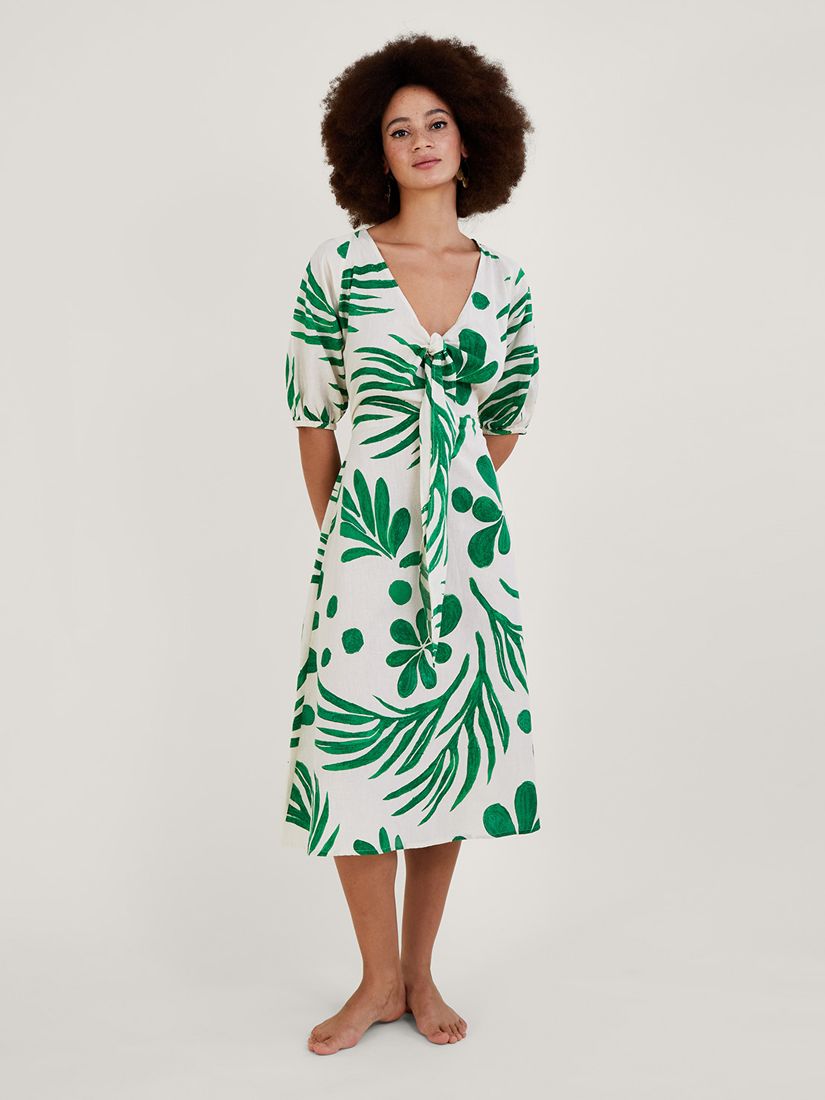 Платье миди с завязками спереди и принтом пальм Monsoon, зеленый/белый