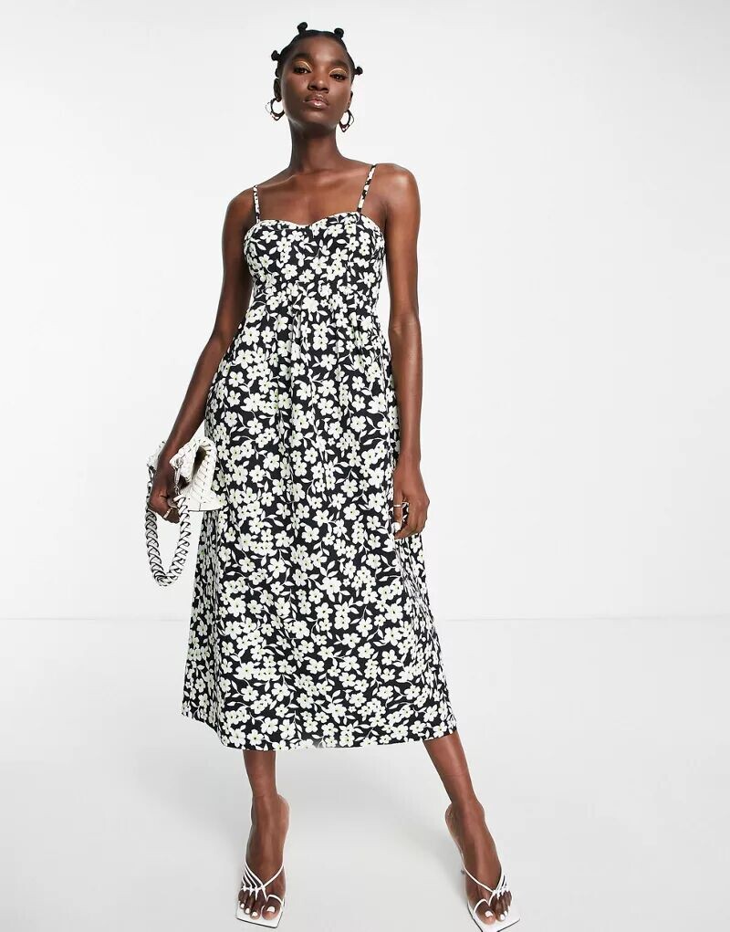 

Topshop Овоидное черно-зеленое платье из поплина с цветочным принтом и корсетом
