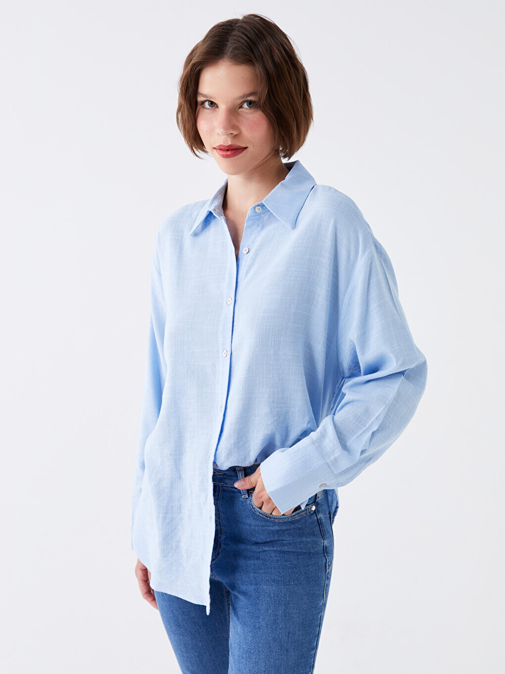 

Простая женская рубашка оверсайз с длинным рукавом LCW Casual, сизый