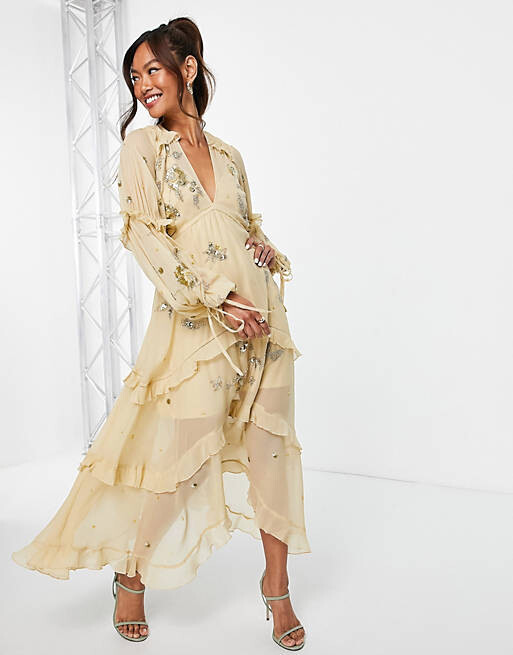 

Золотое платье миди трапециевидного силуэта с кластерами ASOS DESIGN