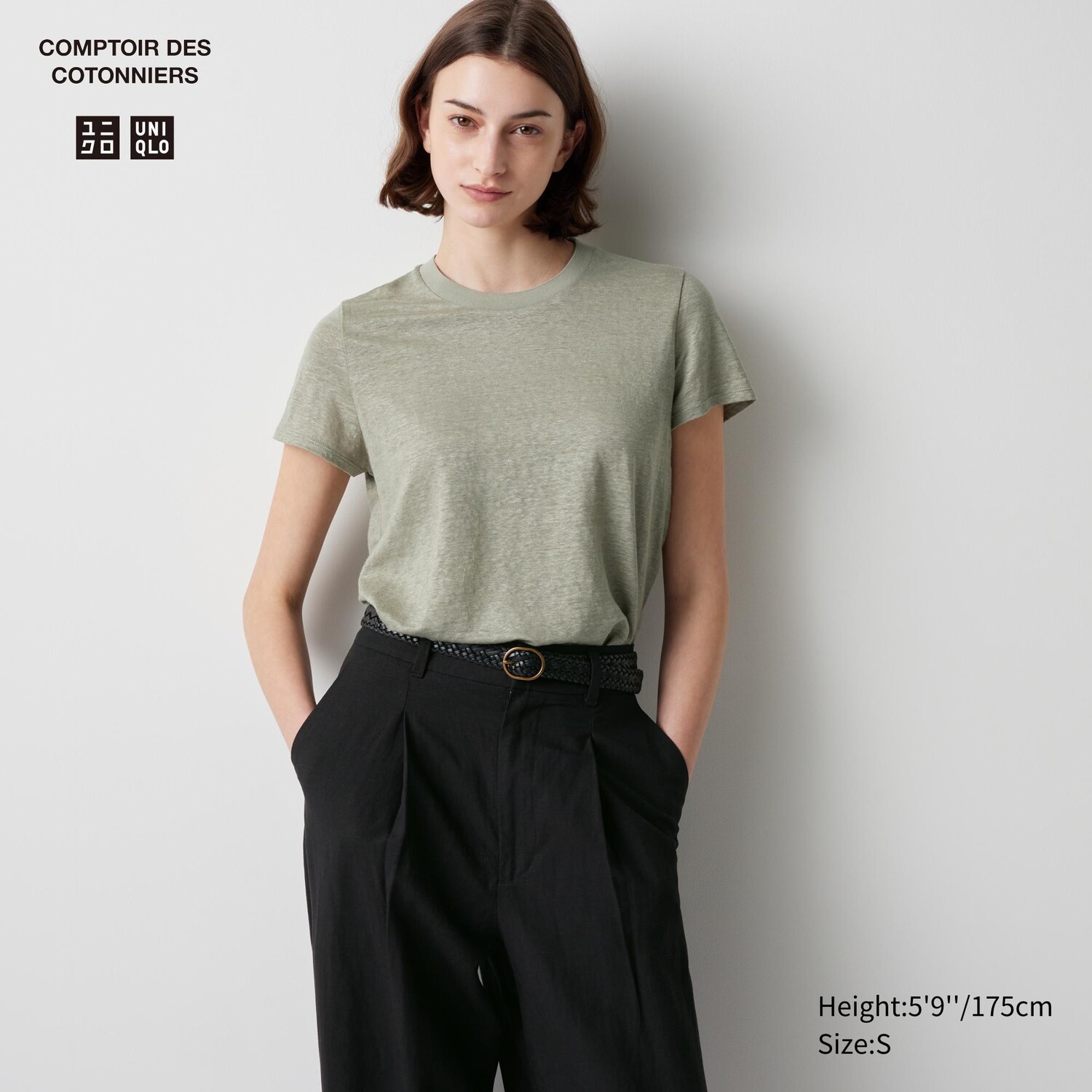 

Футболка из 100% льна с круглым вырезом UNIQLO, оливковый