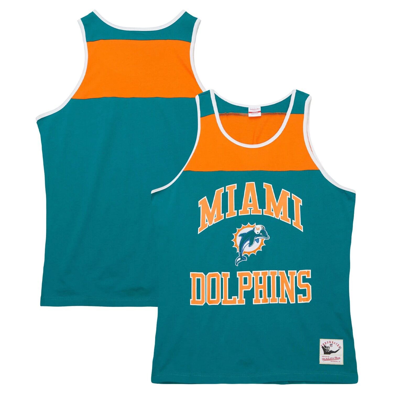 

Мужская майка Mitchell & Ness Teal/Orange Miami Dolphins Gridiron Classics Heritage с цветными блоками