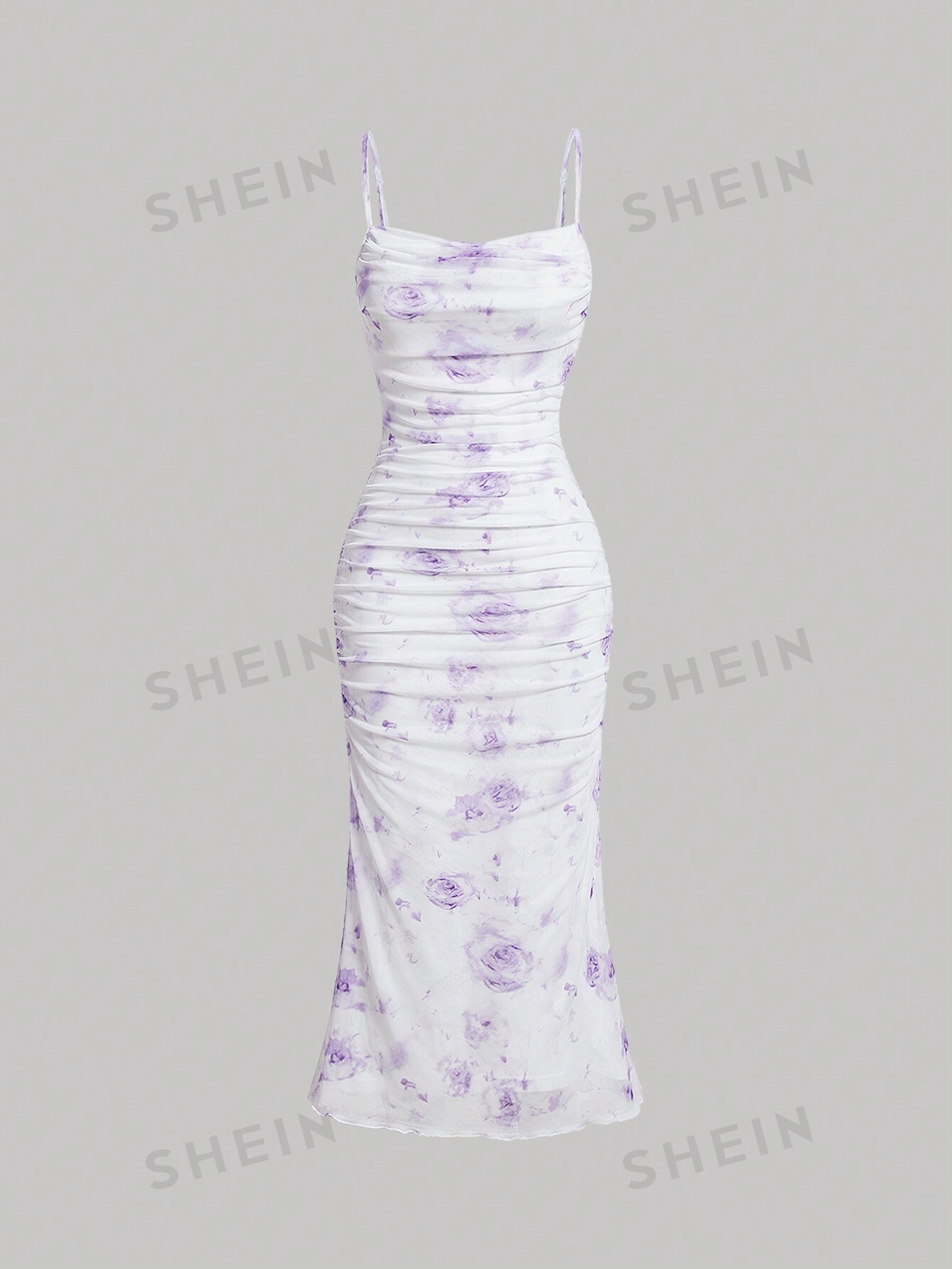 цена SHEIN MOD Плиссированное платье-комбинация с цветочным принтом и рюшами по подолу, фиолетовый