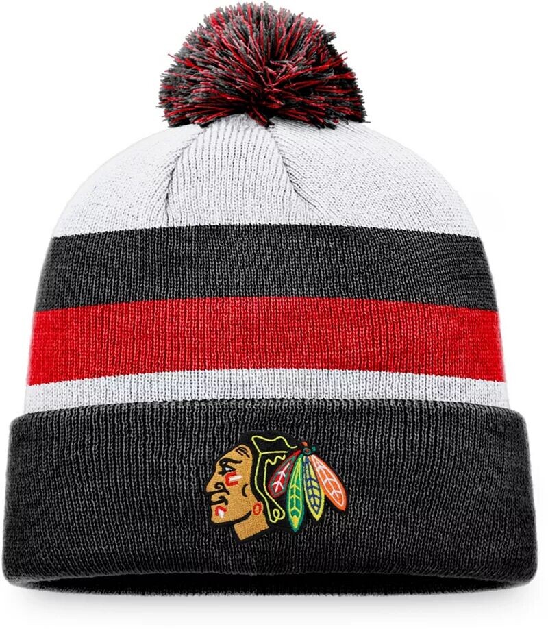 

Черная шапка в полоску с манжетами и помпонами NHL Chicago Blackhawks