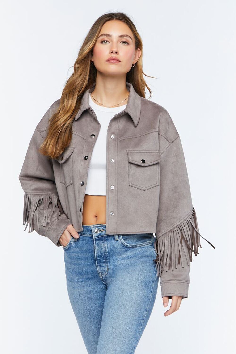 

Куртка Trucker из искусственной замши с бахромой Forever 21, серо-коричневый
