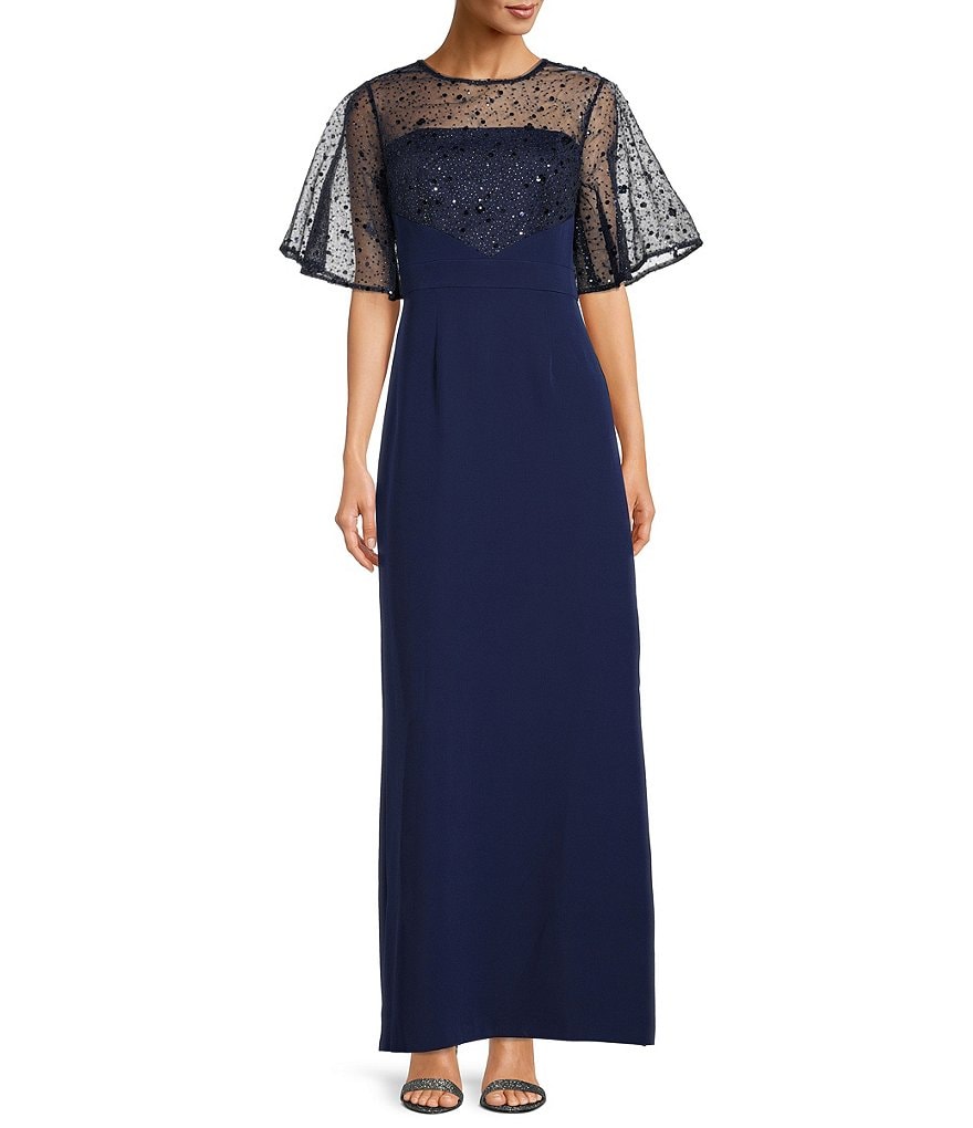 JS Collections Платье из эластичной блестящей сетки с пайетками и иллюзией с развевающимися рукавами, синий