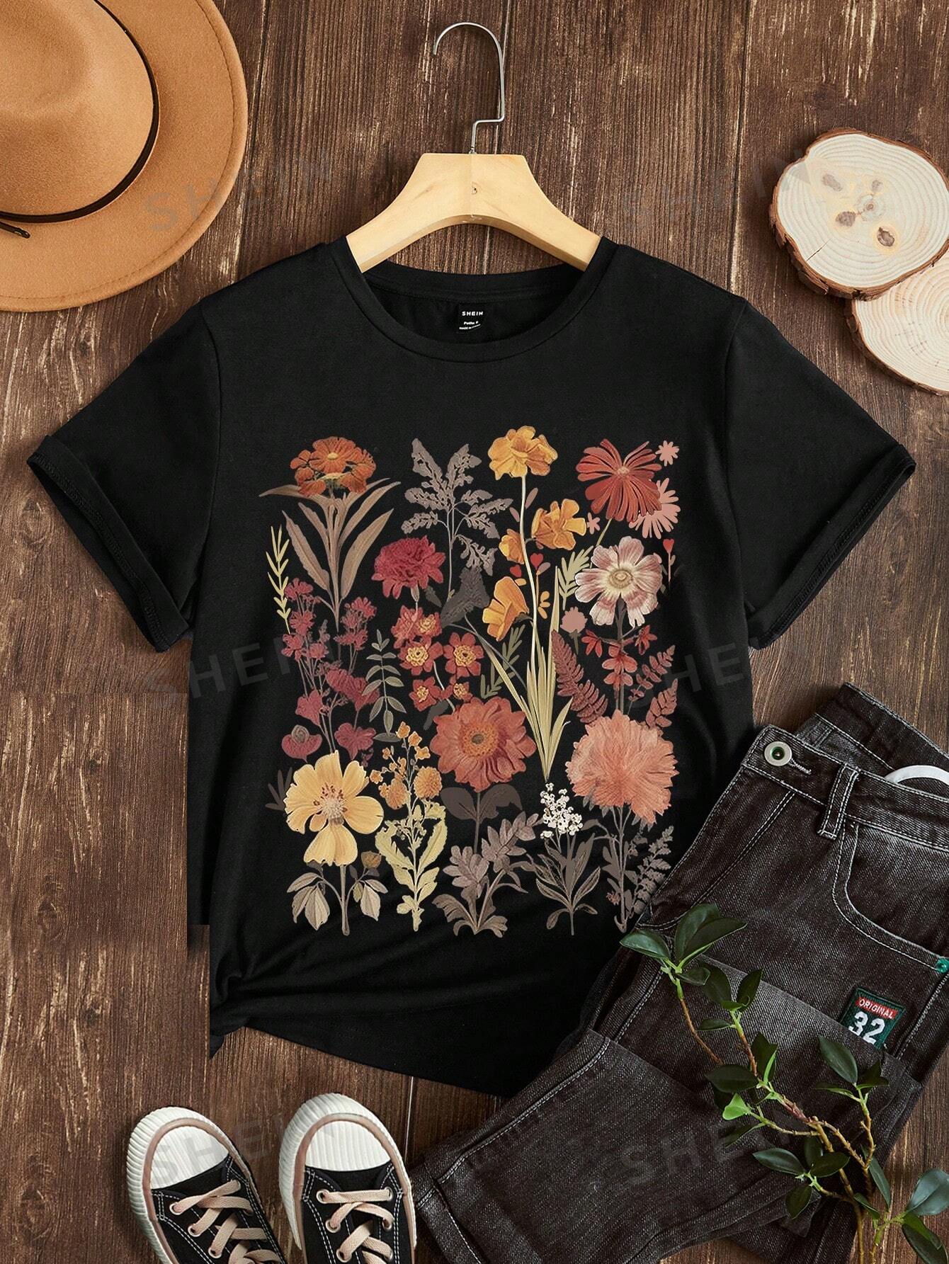 цена SHEIN Essnce Повседневная футболка с цветочным и растительным узором, черный