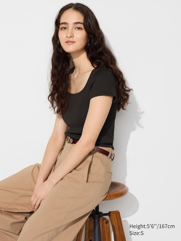 

Футболка-Бюстгальтер в рубчик с укороченным квадратным вырезом Uniqlo, коричневый