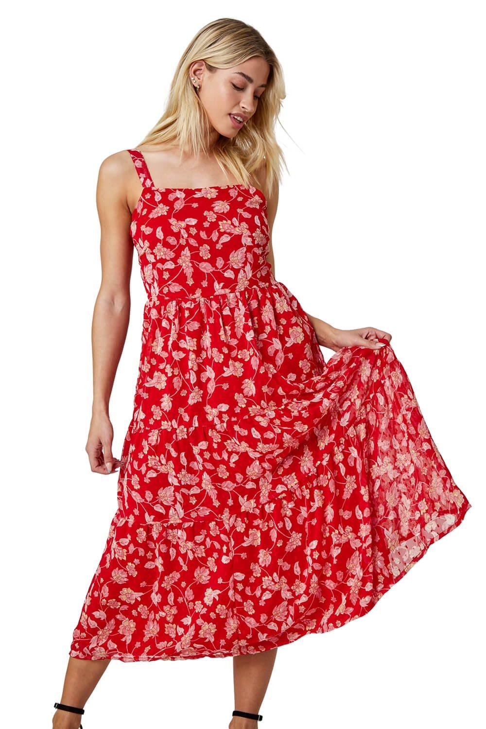 Многоярусное платье макси с цветочным принтом Dusk, красный фото