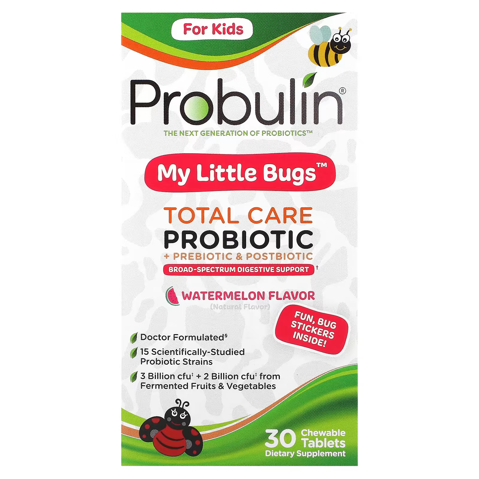 цена Пробулин для детей My Little Bugs Total Care Пробиотик + пребиотик и постбиотик с арбузом, 30 жевательных таблеток Probulin