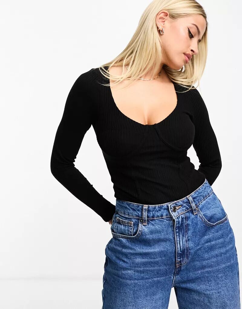 

Черный боди в рубчик со швами на груди и длинными рукавами ASOS Fuller Bust