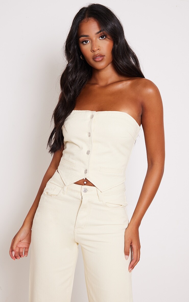 

PrettyLittleThing Высокий бежевый джинсовый корсет на пуговицах