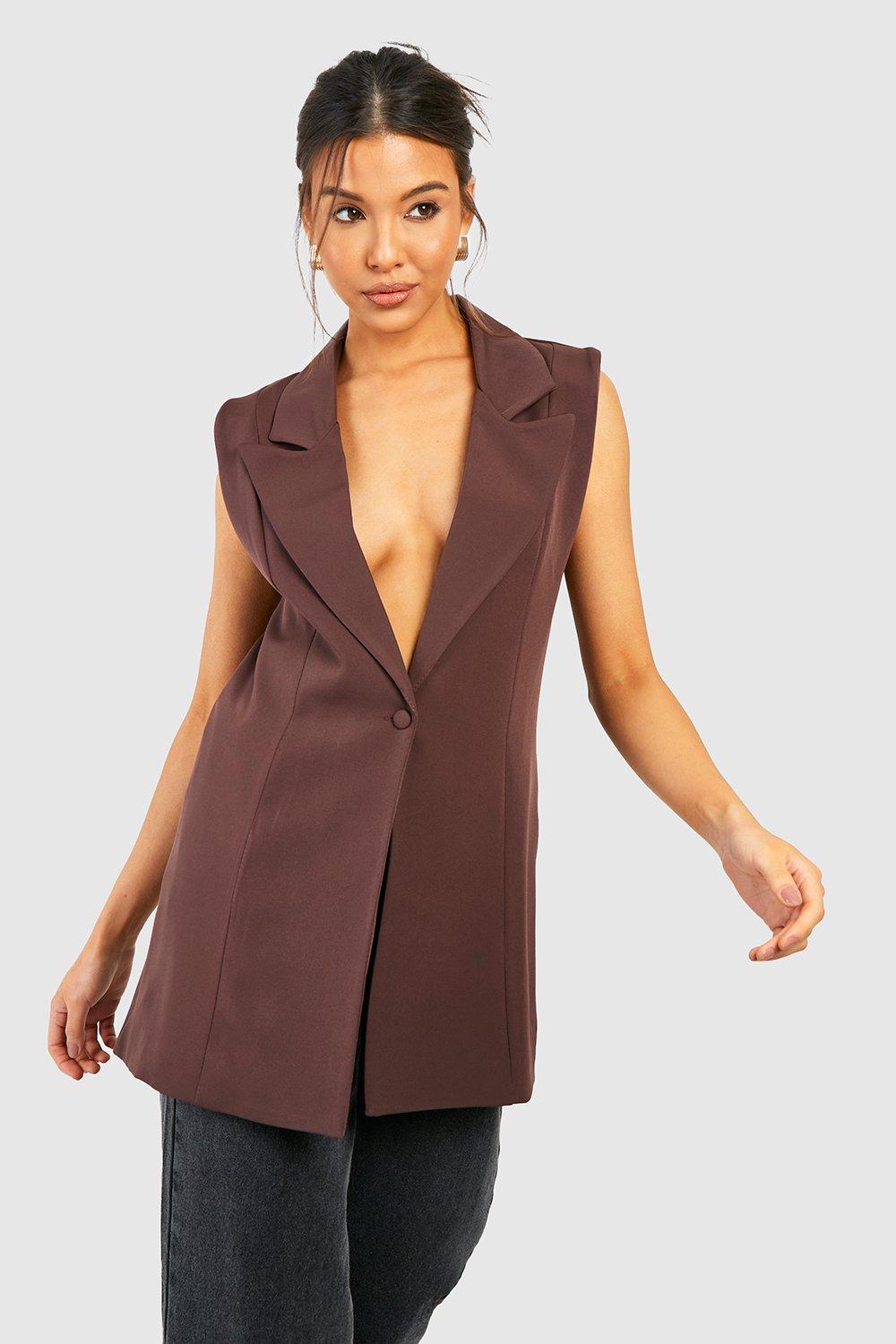 Длинный пиджак без рукавов с глубоким вырезом спереди boohoo, коричневый