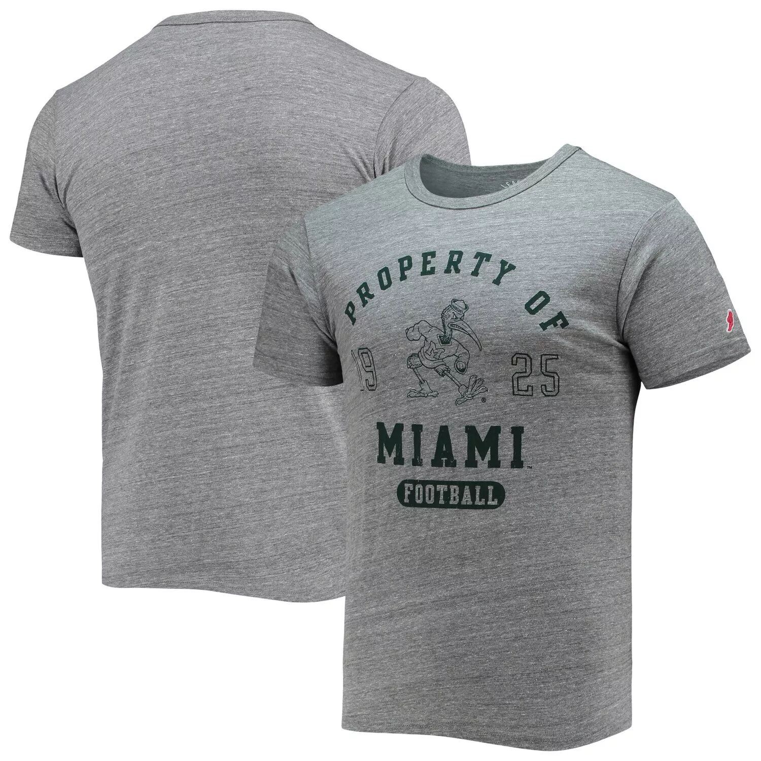 

Мужская одежда для университетской лиги, серая футболка Miami Hurricanes Hail Mary Football Victory Falls Tri-Blend, Серый