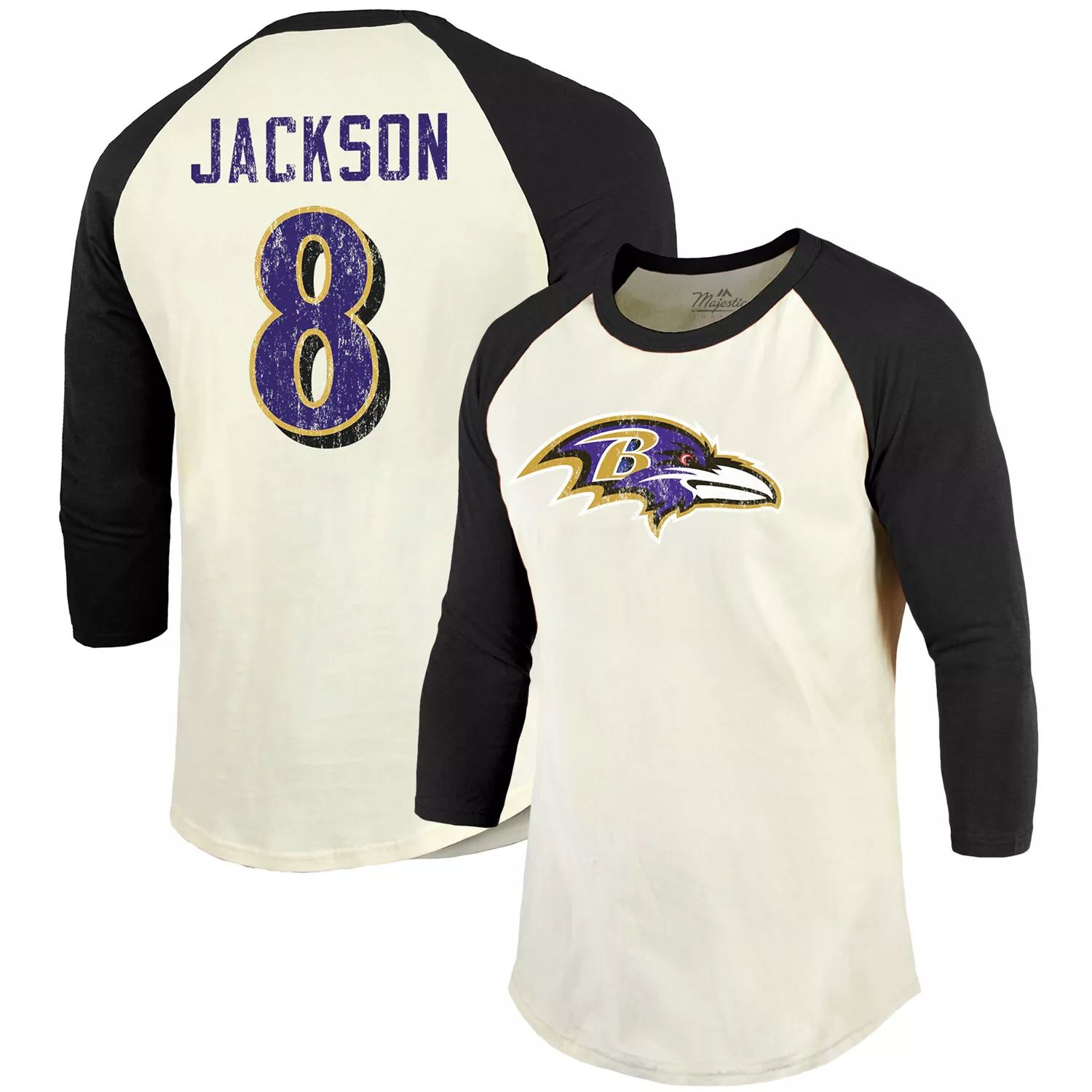 Мужская винтажная футболка Fanatics с логотипом Lamar Jackson кремового/черного цвета Baltimore Ravens с именем и номером игрока реглан с рукавами 3/4 Majestic