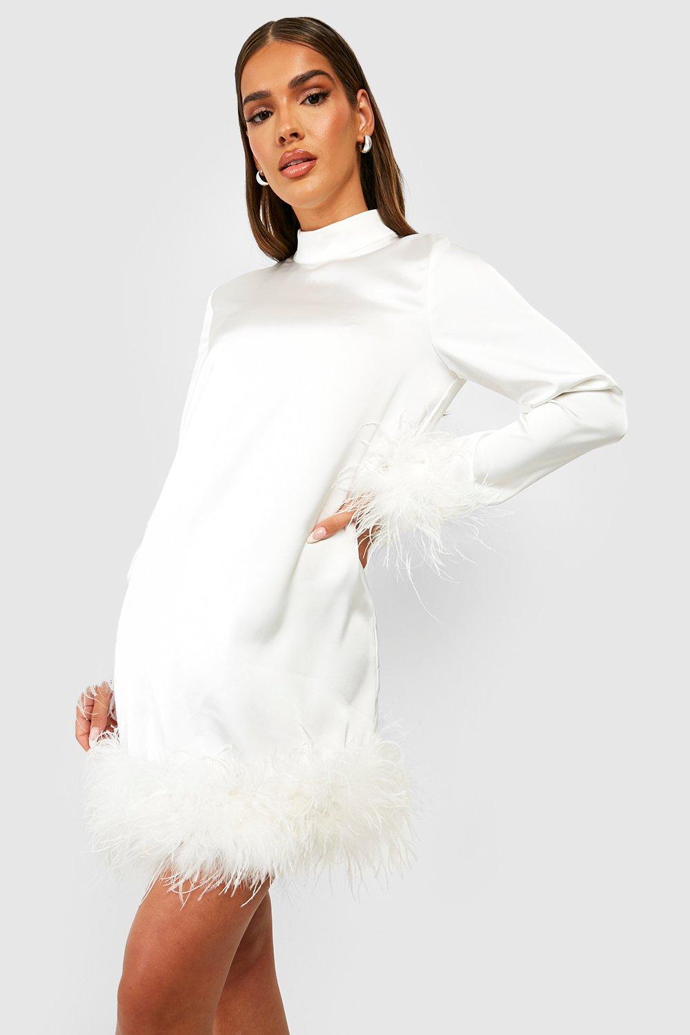 Мини-платье с высоким воротником и перьями boohoo, белый