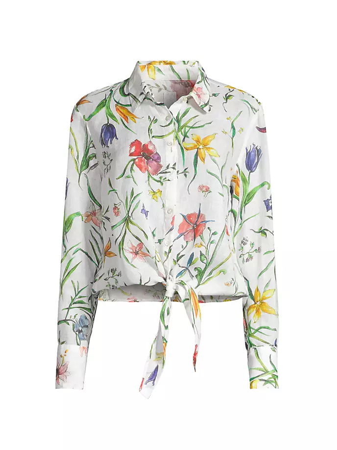 Льняная блузка с цветочным принтом и завязками 120% Lino, цвет provence