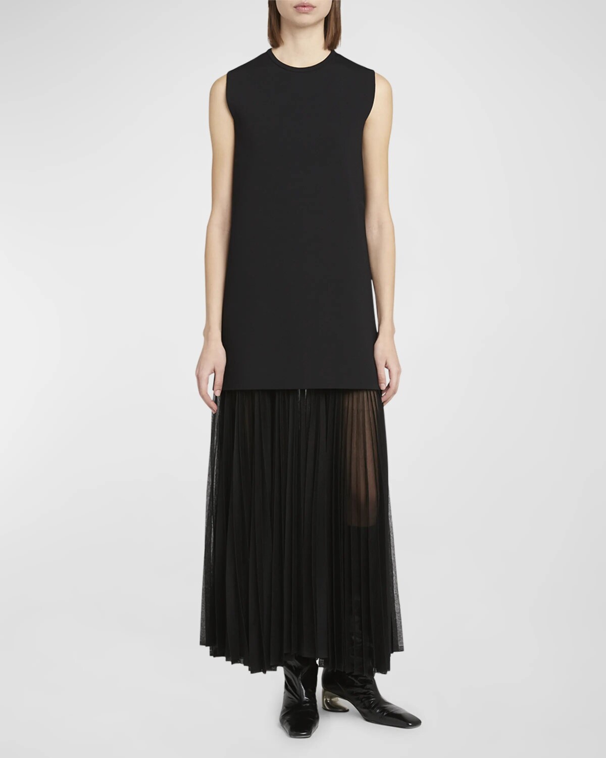 

Платье макси без рукавов с прозрачной юбкой и плиссировкой Jil Sander, цвет Black