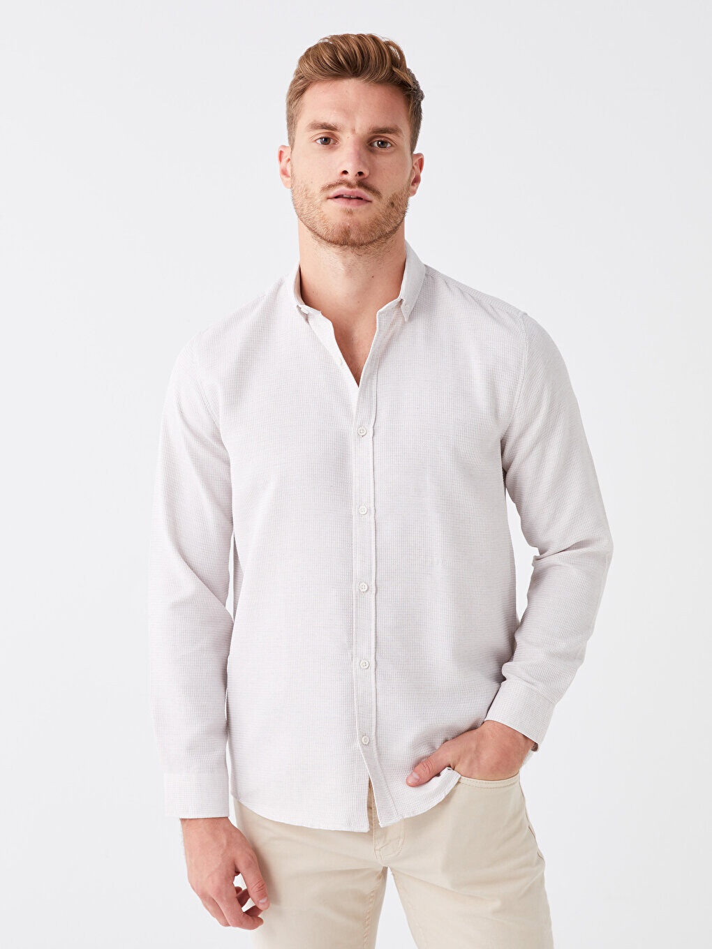 

Мужская рубашка Добби Slim Fit с длинным рукавом LCW Vision, бежевый