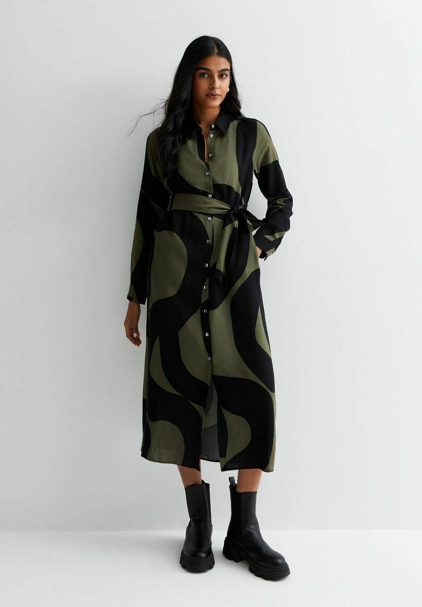 

Платье-рубашка Wave Print Belted Midi New Look, цвет green pattern