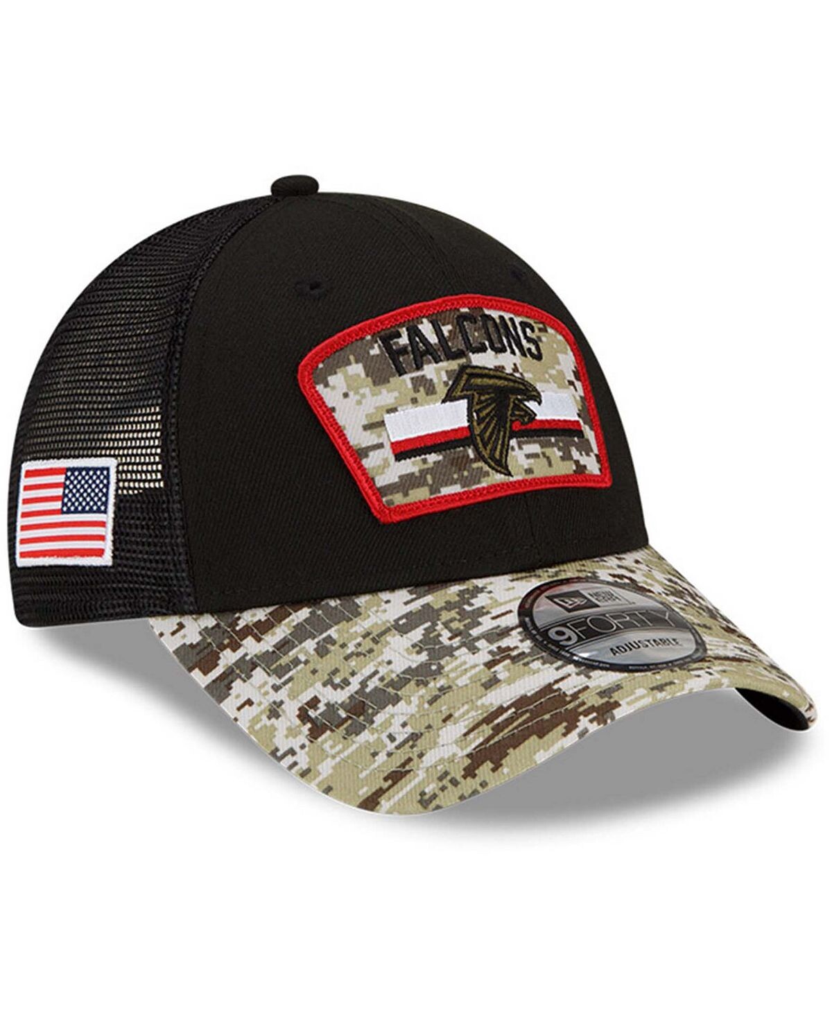 

Мужская черная камуфляжная регулируемая кепка Atlanta Falcons 2021 Salute To Service Trucker 9FORTY Snapback New Era