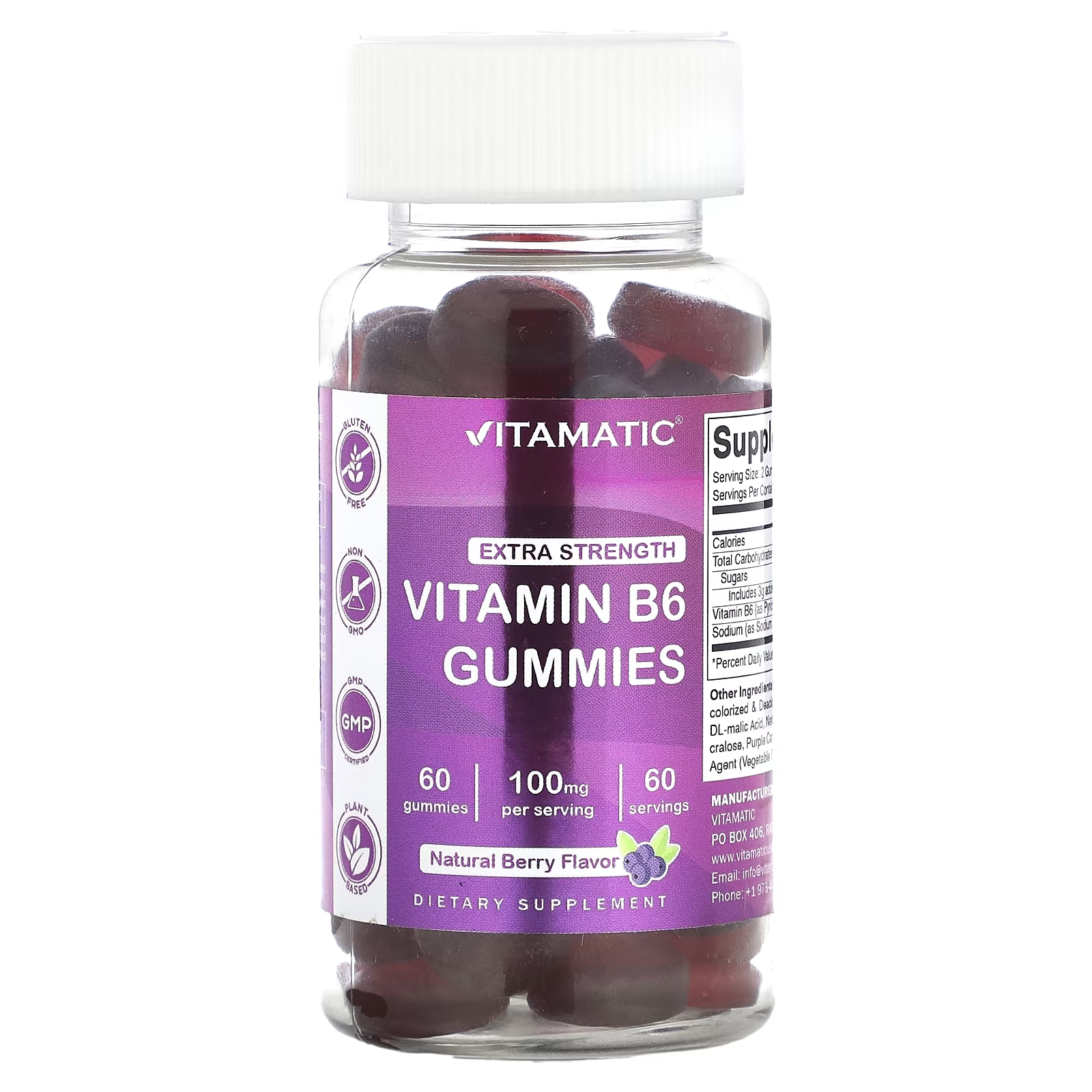 Vitamatic Витамин B6 Extra Strength Berry 100 мг 60 жевательных таблеток (50 мг на жевательную конфету) focus factor kids extra strength berry blast 120 жевательных таблеток