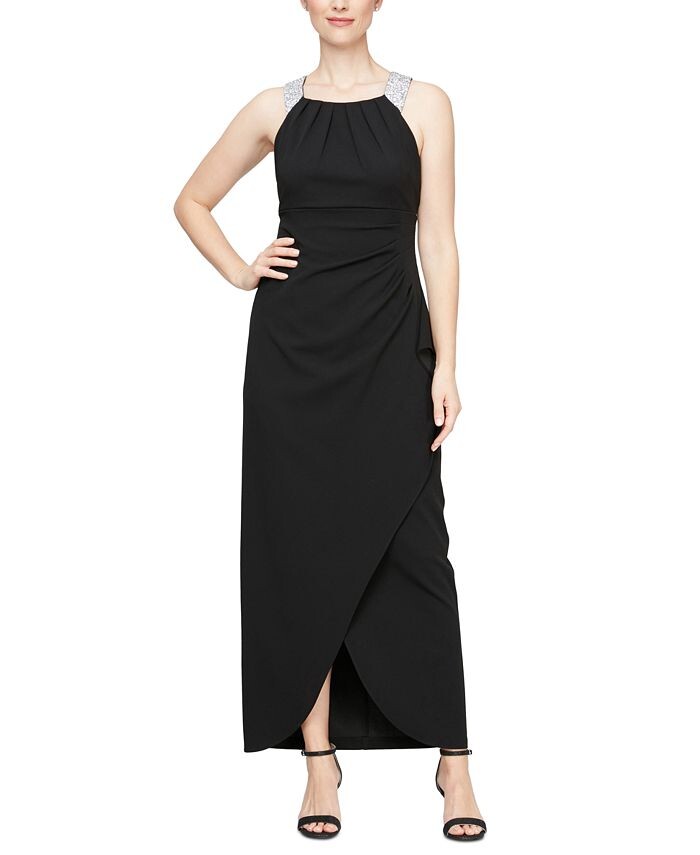 

Миниатюрное платье-бретелька с воротником из стразов SL Fashions, черный