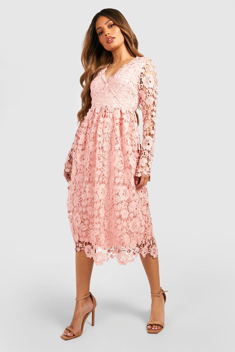 Кружевное платье миди с длинным рукавом, связанное крючком Boohoo, розовый кружевное платье крючком guess светло розовый
