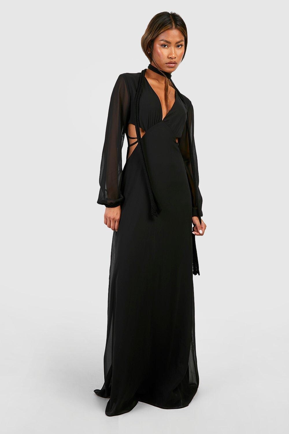 

Платье макси из шифона с погруженным вырезом Boohoo, черный