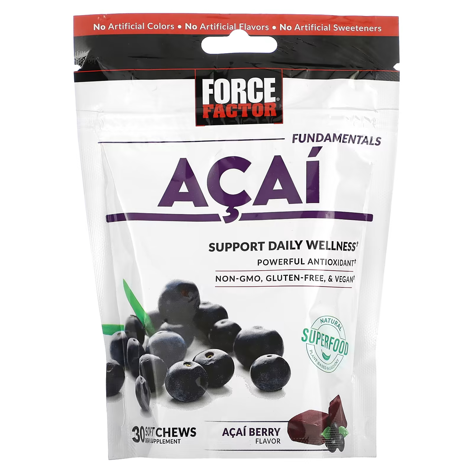 Асаи Force Factor Fundamentals, 30 жевательных таблеток force factor happy mood тропические фрукты 30 мягких жевательных конфет