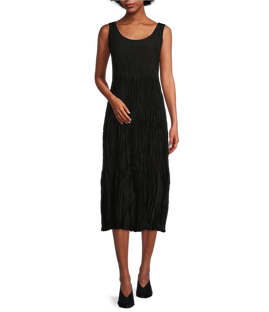 Платье миди без рукавов Eileen Fisher из жатого шелка с овальным вырезом, черный