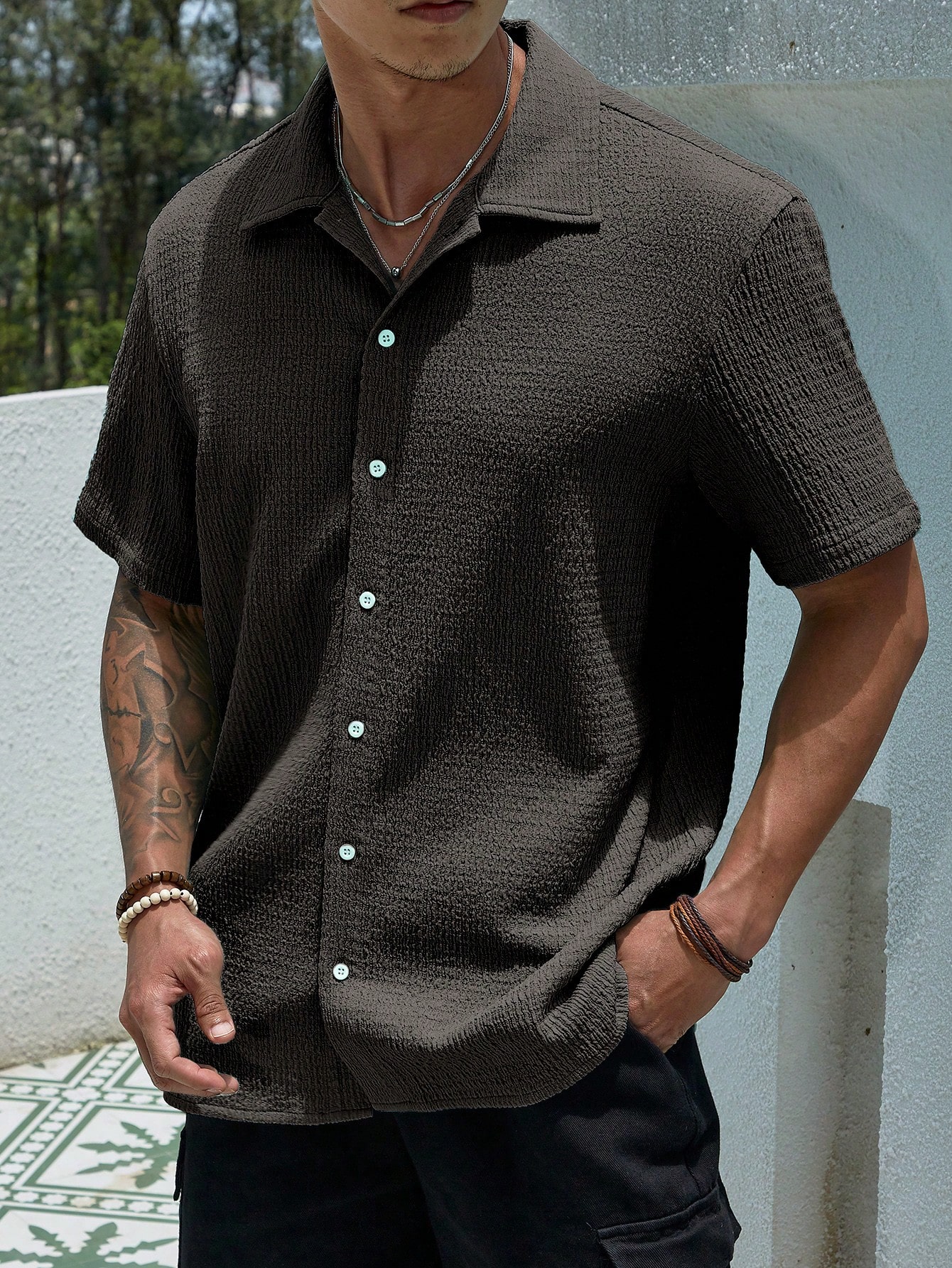 Мужская текстурированная рубашка на пуговицах с коротким рукавом Manfinity Homme, темно-серый