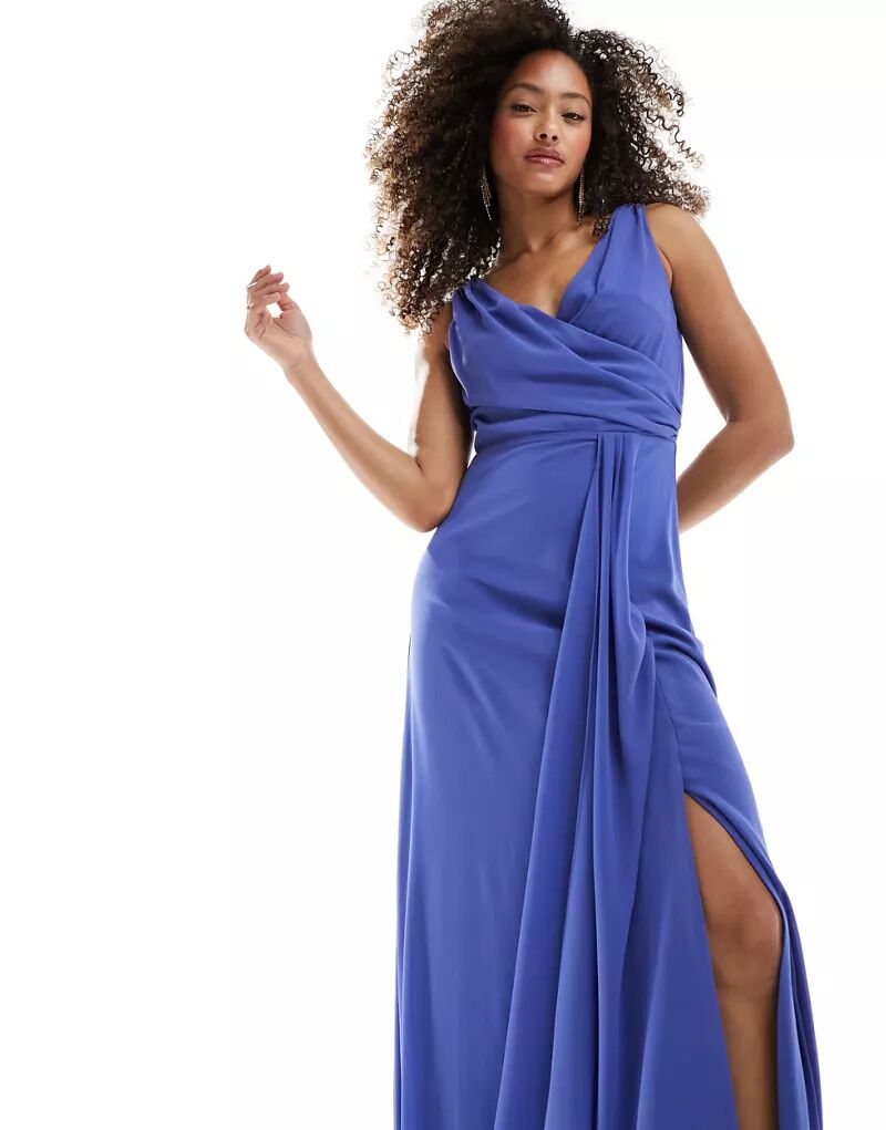 Шифоновое платье макси с разрезом спереди TFNC Bridesmaid синего астрового цвета