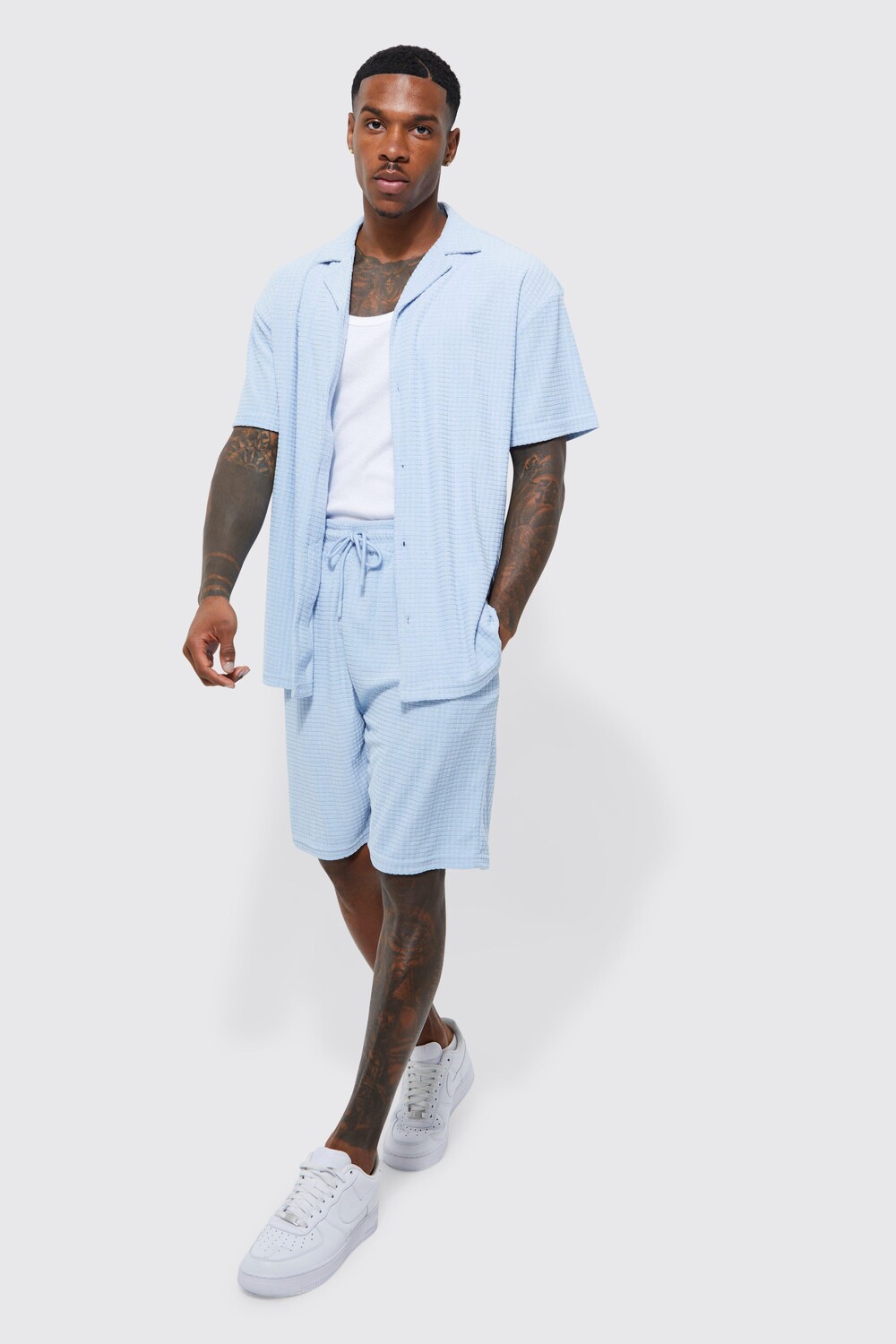 

Вафельное полотенце рубашка и короткий комплект Boohoo, синий