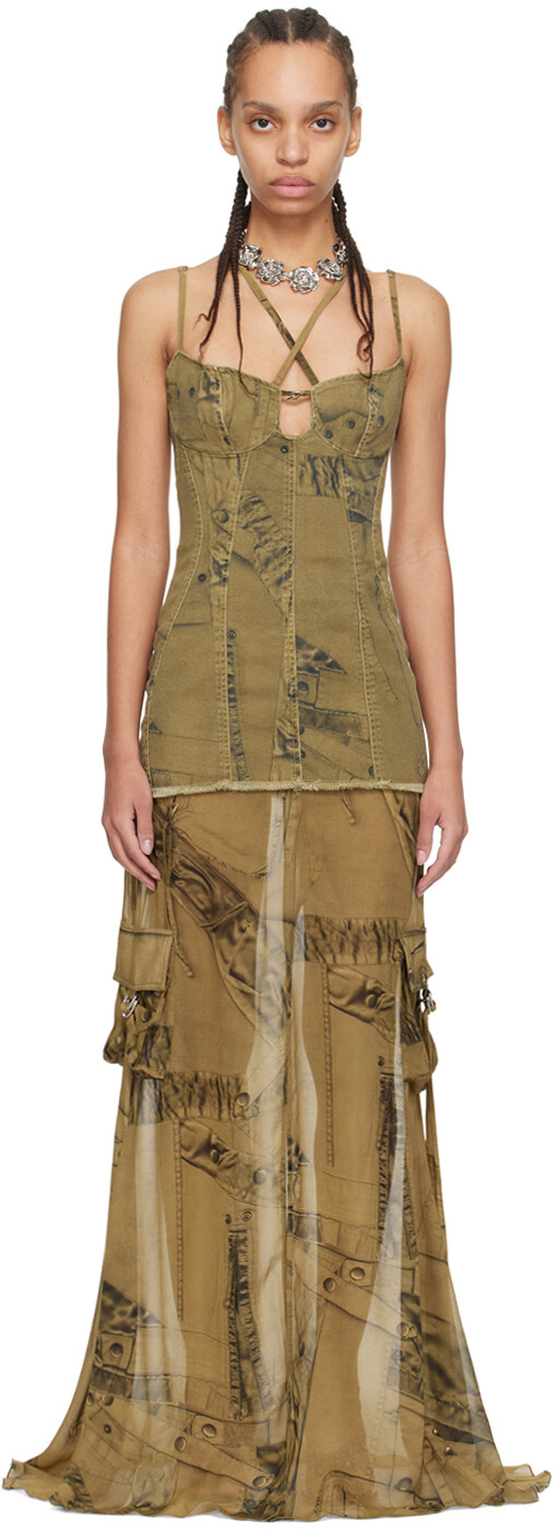 

Многослойное платье макси цвета хаки Blumarine