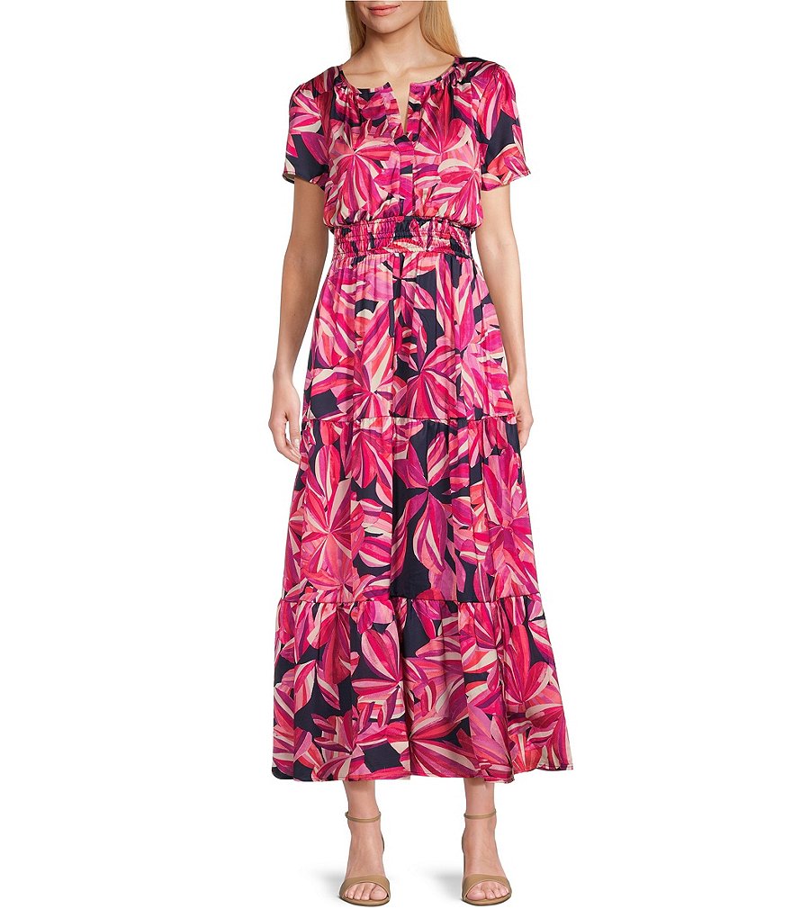 Платье миди Leslie Fay с короткими рукавами и разрезом, круглым вырезом, присборенной талией и принтом, розовый