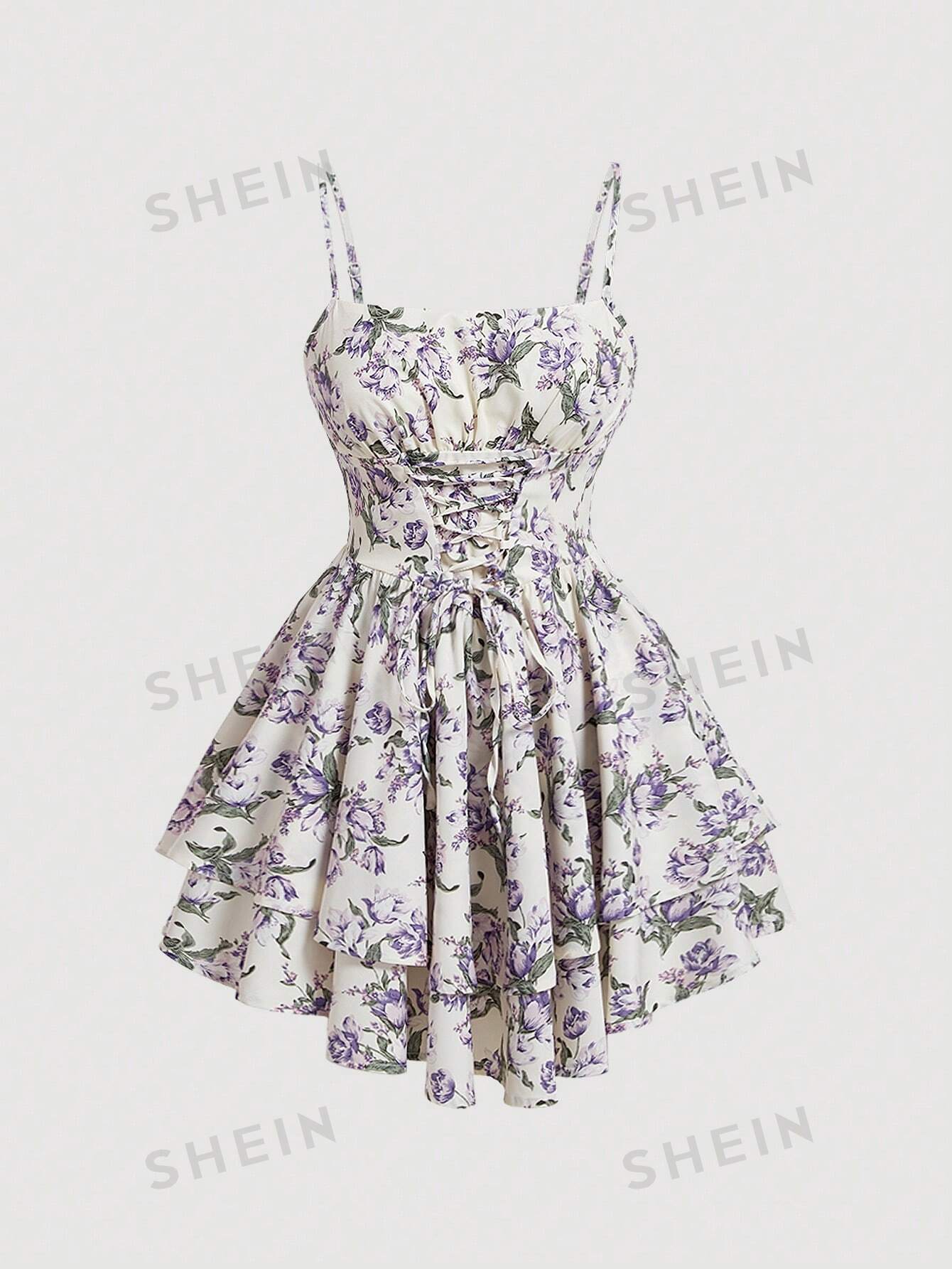 SHEIN MOD Женское платье без рукавов с цветочным принтом и завязками на бретельках, сиреневый фиолетовый