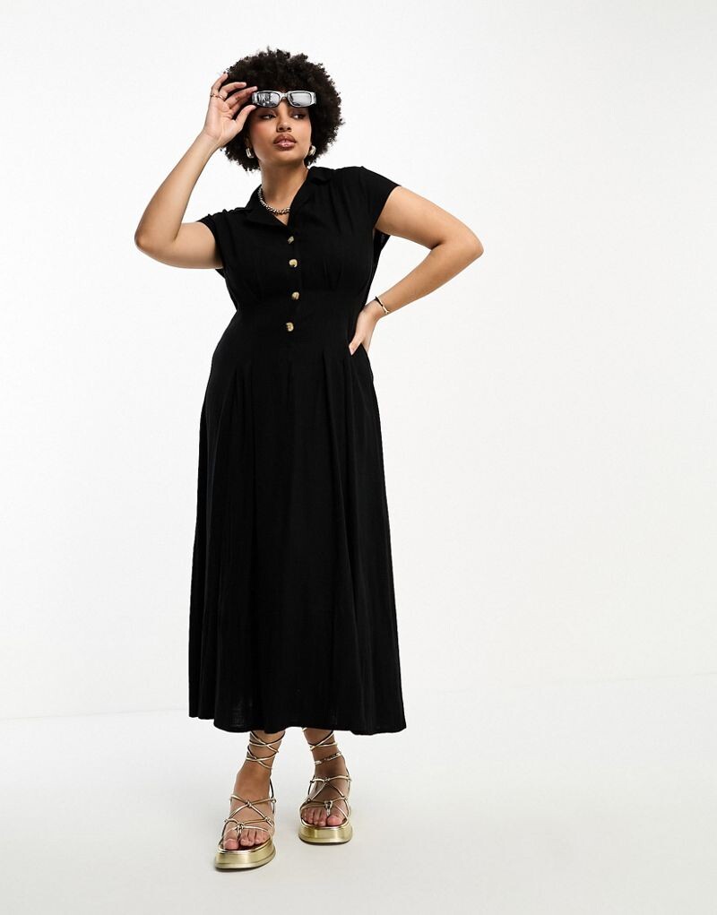 

ASOS DESIGN Curve — льняное платье-рубашка миди черного цвета с рукавами и складками