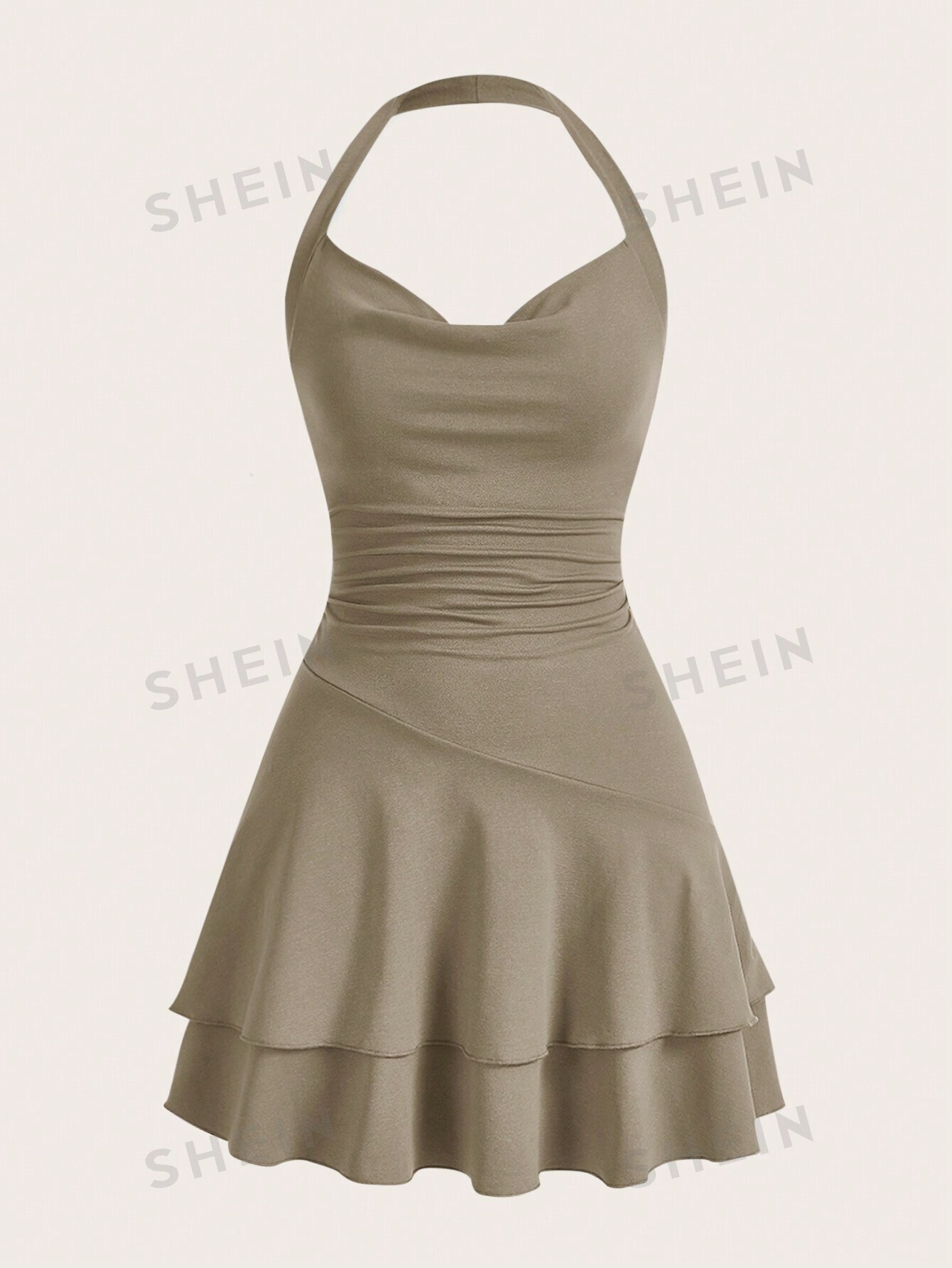 цена SHEIN MOD однотонное женское платье с бретелькой на шее и многослойным подолом, хаки
