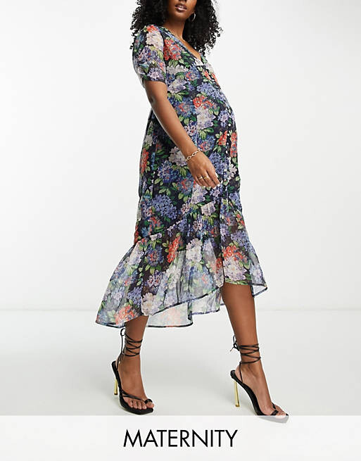 

Синее чайное платье миди с пышными рукавами Hope & Ivy Maternity, Синий