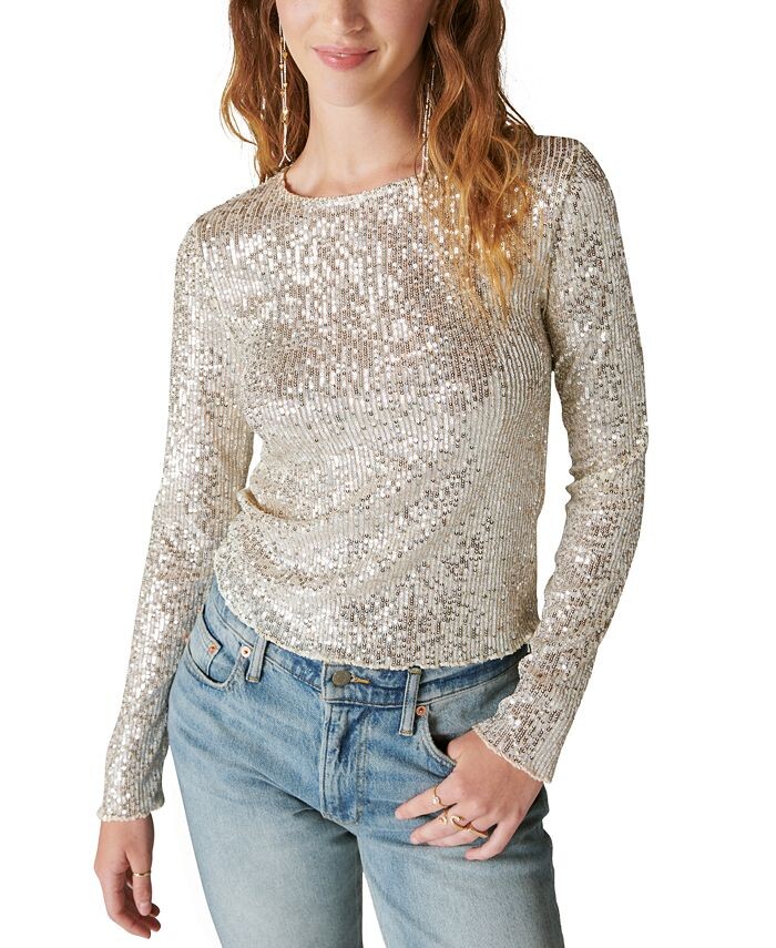 

Женский трикотажный топ с длинными рукавами и пайетками Lucky Brand, тан/бежевый