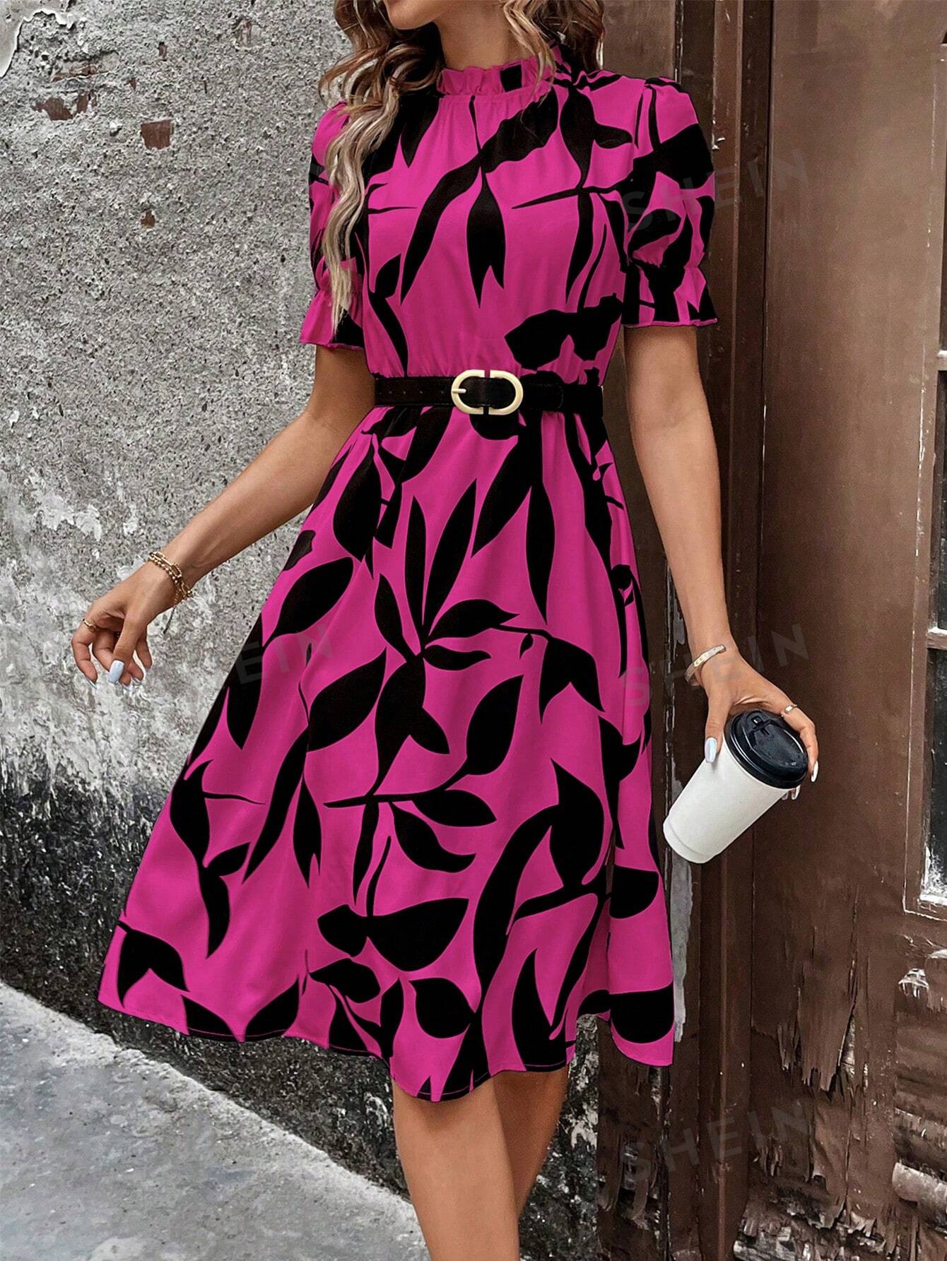 SHEIN LUNE женское платье трапециевидной формы с растительным принтом неправильного кроя и оборками на шее и объемными рукавами, ярко-розовый