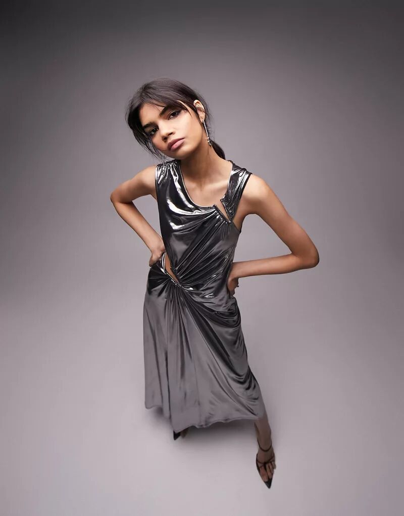 Серебристое асимметричное платье миди с металлизированным вырезом Topshop