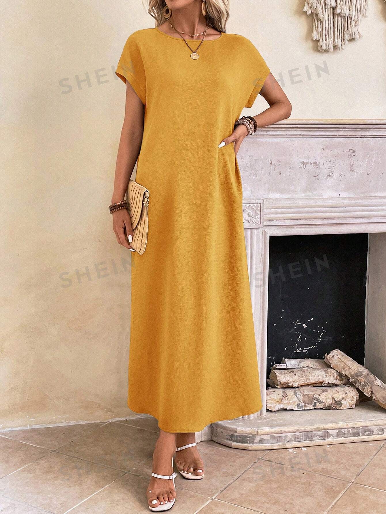 EMERY ROSE Однотонное летнее платье-туника с рукавами «летучая мышь», желтый цена и фото
