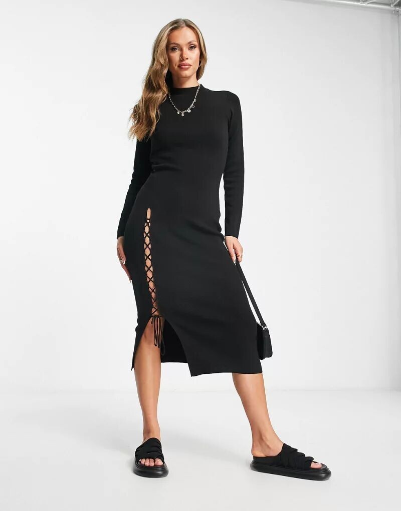 

Черное трикотажное платье миди с завязками ASOS