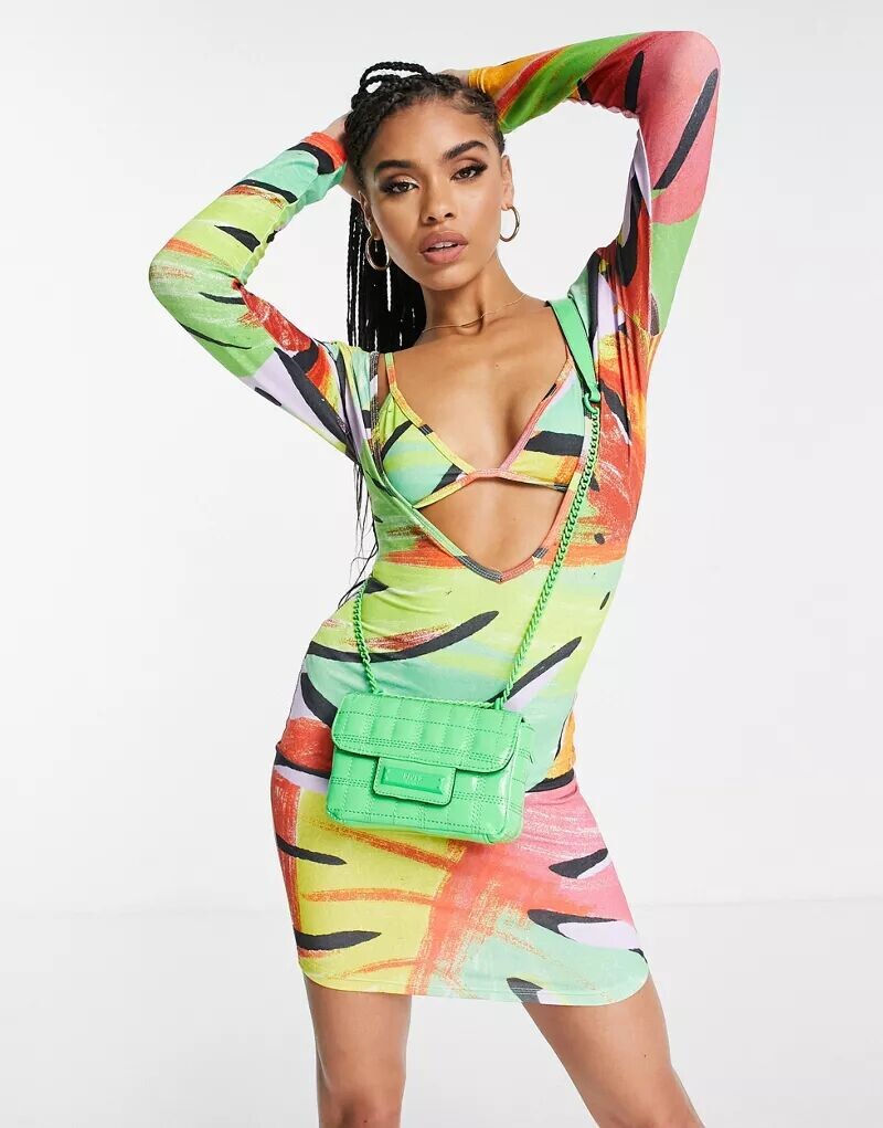 

Разноцветное мини-платье с глубоким вырезом и бюстгальтером SIMMI Simmi Clothing
