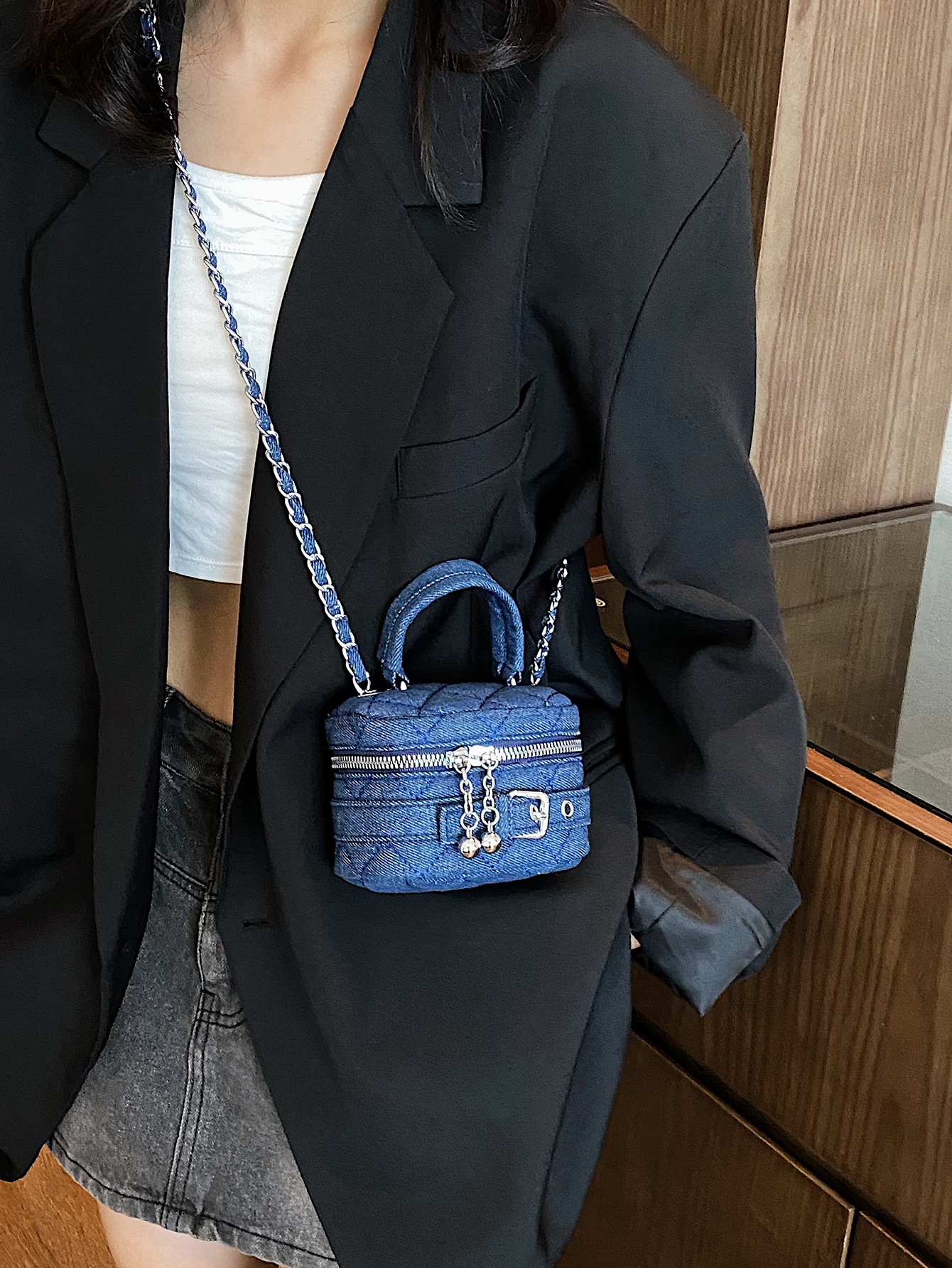 Модная стеганая мини-сумка-ведро с цепочкой, темная стирка
