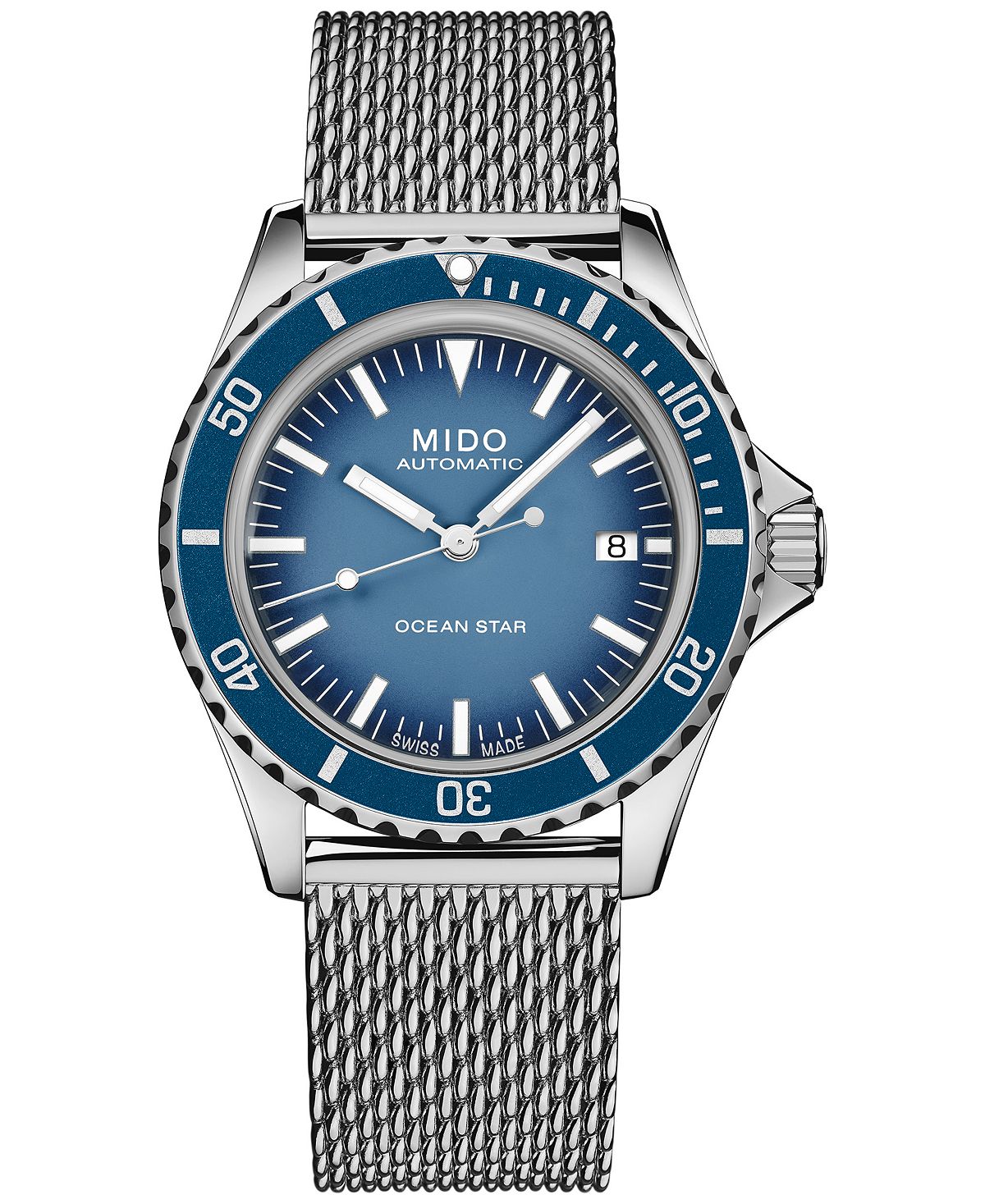 Швейцарские автоматические часы унисекс Ocean Star Tribute из нержавеющей стали с сетчатым браслетом, 41 мм Mido, синий цена и фото