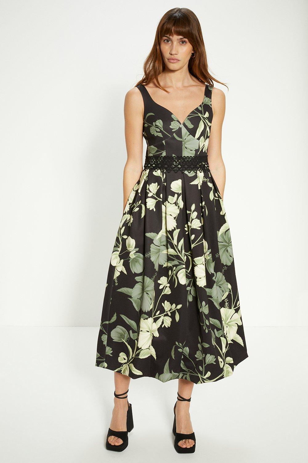 Платье миди с цветочным принтом и кружевом с аквалангом Oasis, зеленый