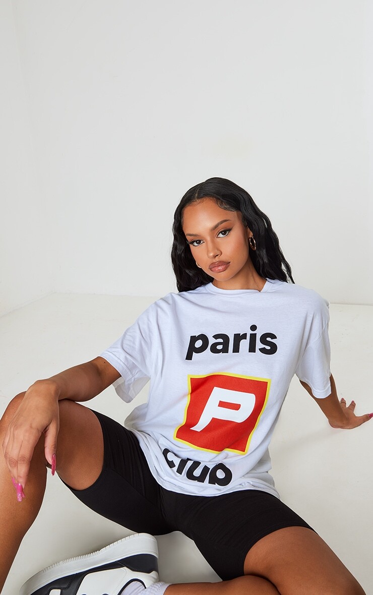 

PrettyLittleThing Белая объемная футболка с принтом Paris Club, Белый